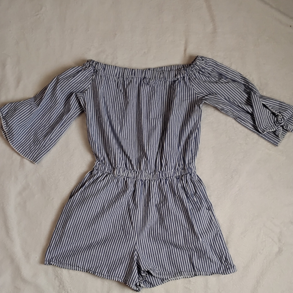 The Vanity Room Navy Striped Off-Shoulder Romper